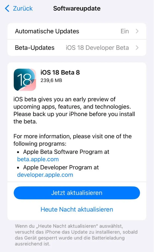 南岗苹果手机维修分享苹果 iOS / iPadOS 18 开发者预览版 Beta 8 发布 